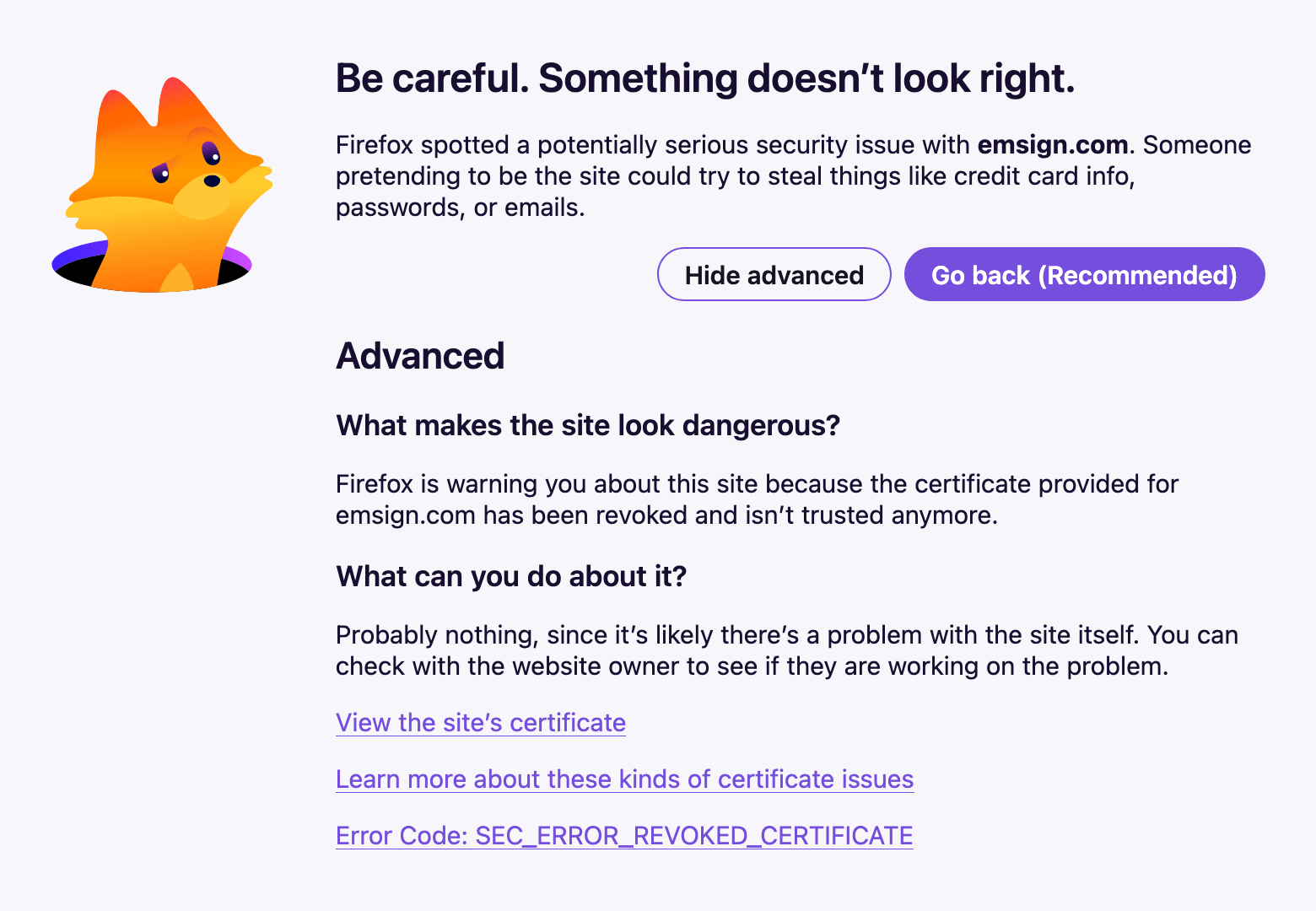 Firefox blocks emsign.com with a full-page warning. The Advanced section says the certificate has been revoked and isn't trusted anymore, with error code SEC_ERROR_REVOKED_CERTIFICATE.