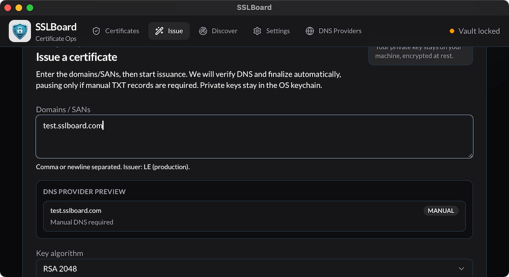 SSLBoard Desktop Edition - Certificate issuance interface